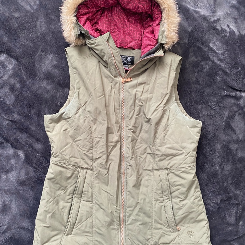 Army green vest with fur hood